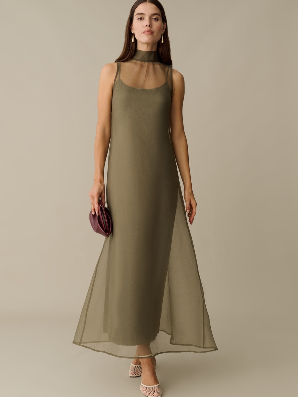 Olive High-Neck Sheer Maxi Dress